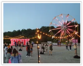 Pink-lit Ferris wheel and event crowd after sunset